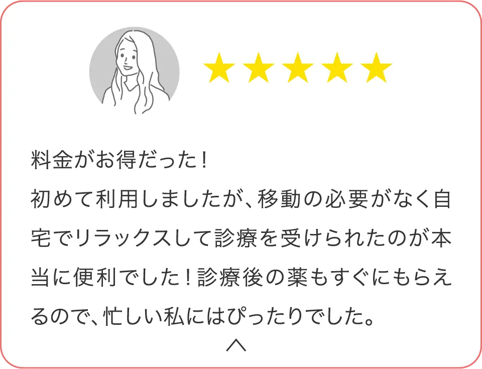 料金がお得だった。初めて利用しましたが、移動の必要がなく自宅でリラックスして診療を受けられたのが本当に便利でした！