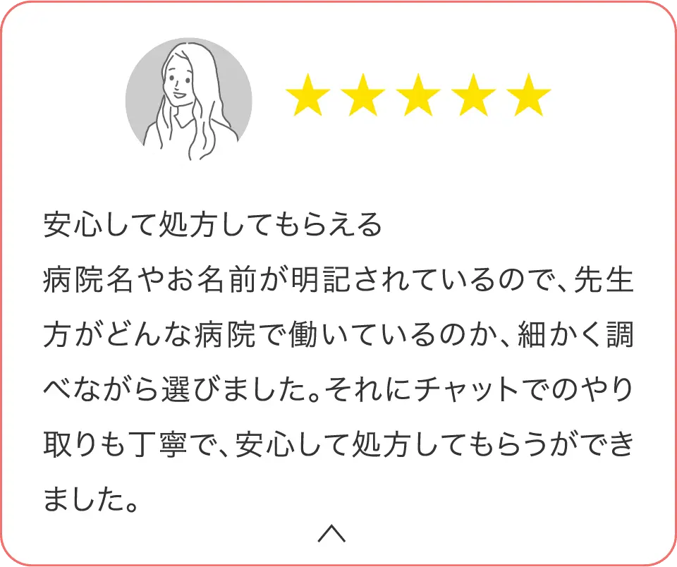 安心して処方してもらえる。病院名やお名前が明記されているので、先生方がどんな病院で働いているのか、細かく調べながら選びました。
