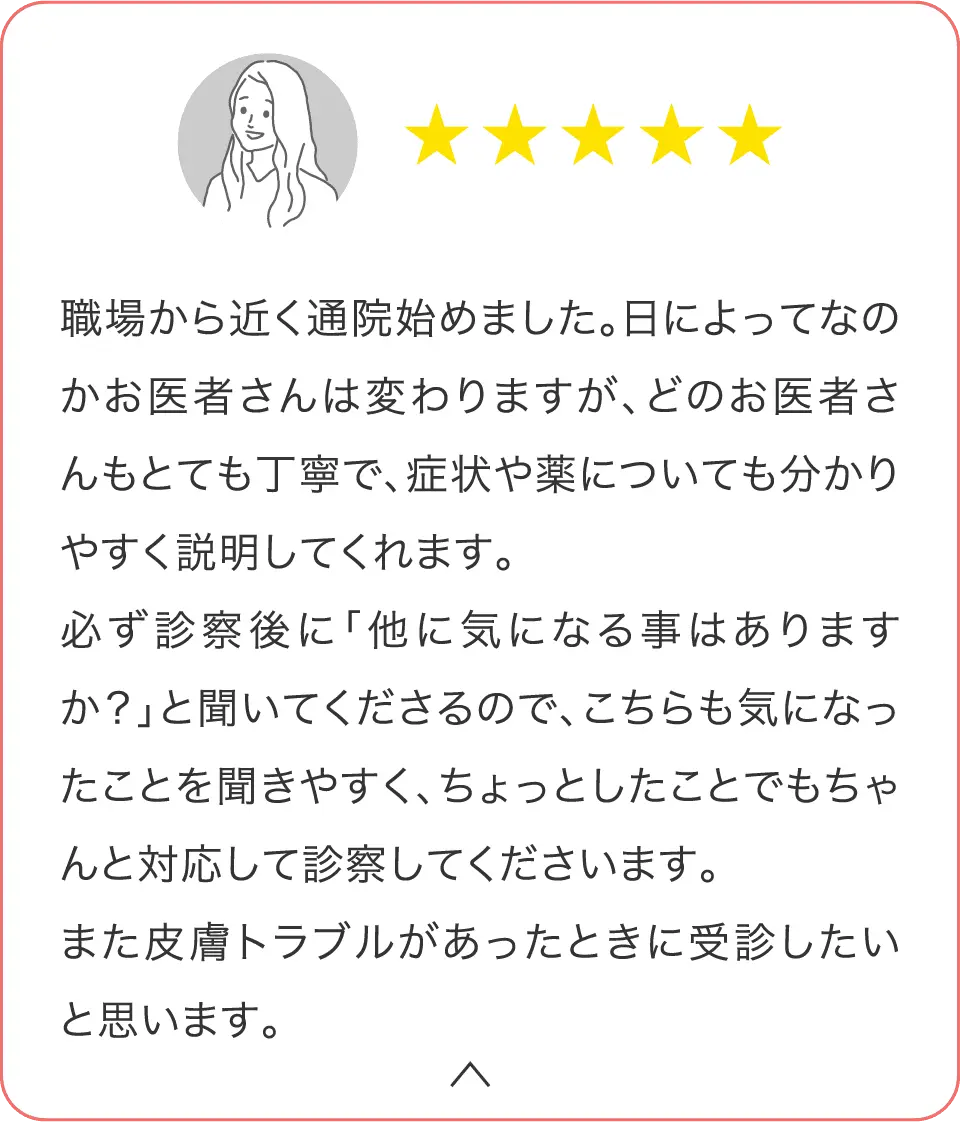 職場から近く通院を始めました。日によってなのかお医者さんは変わりますが、どのお医者さんもとても丁寧で、症状や薬についてもわかりやすく説明してくれます。