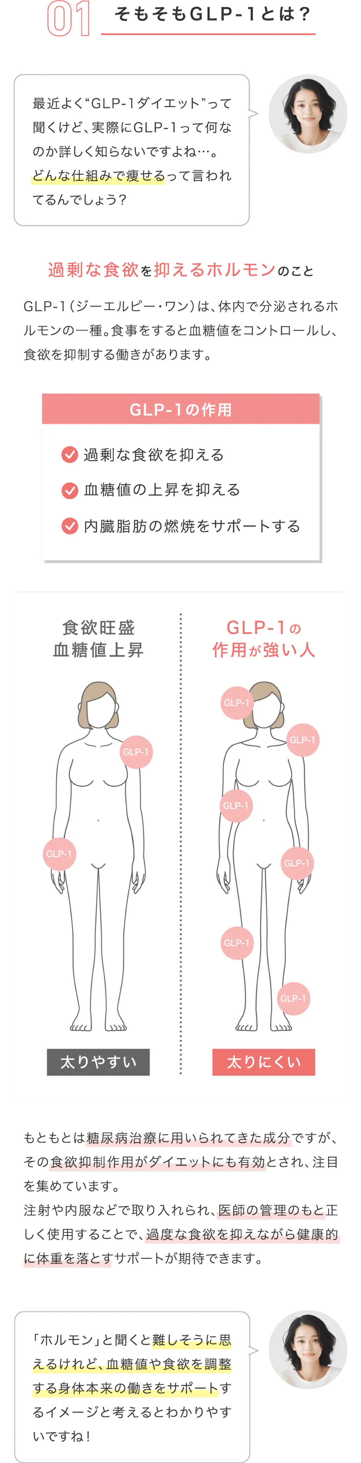GLP-1は、食欲や血糖値をゆるやかに整える体に備わったホルモンで、無理なくダイエットを続けるサポートをしてくれます。